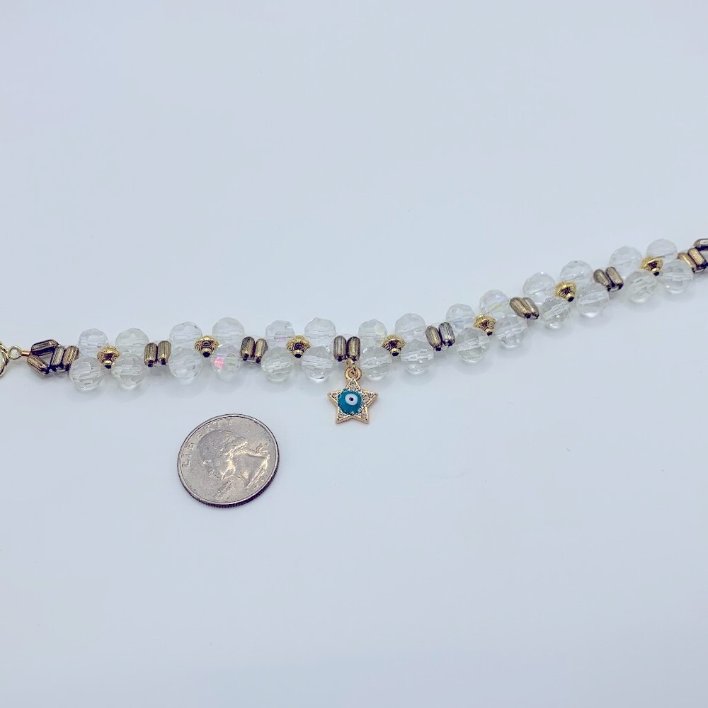 Evil Eye Rhinestone & Enamel Star Charm and Clear Glass Bead Netted Bracelet